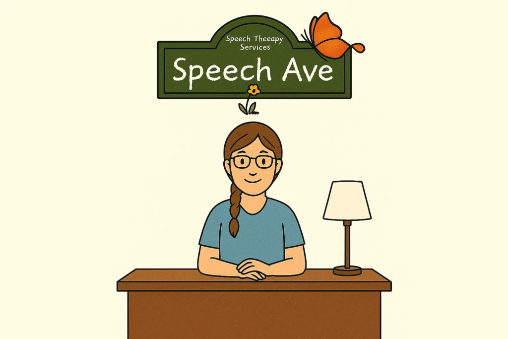 Illustration of Hagar Madnick, pediatric speech therapist at Speech Avenue, sitting behind a desk with a butterfly and logo overhead"