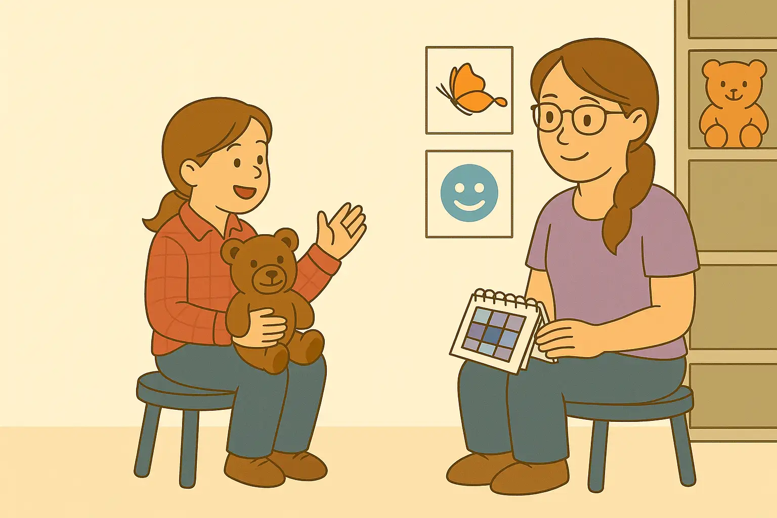 Speech therapist and young girl in a therapy session using a teddy bear and communication board.